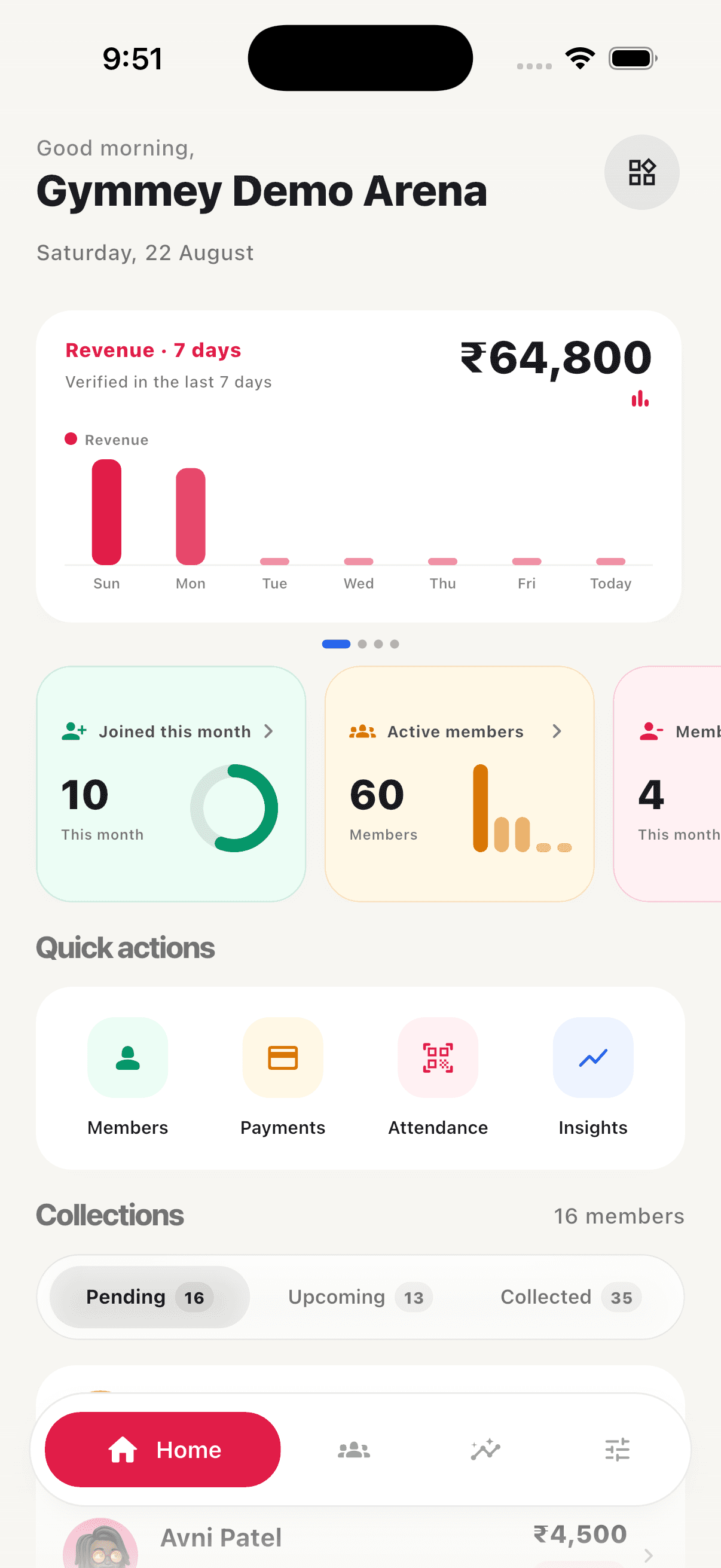 Gymmey owner dashboard showing revenue and members