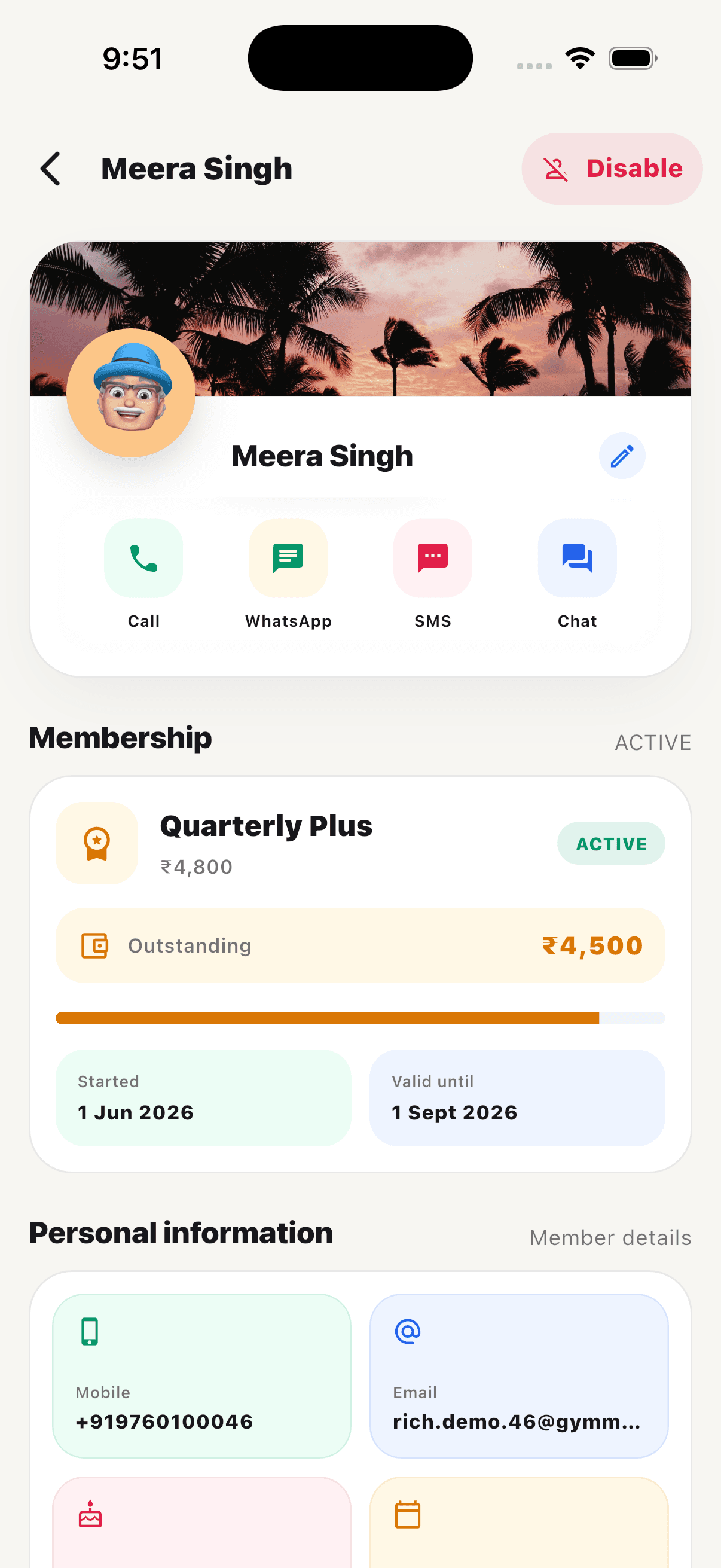 Detailed member profile with membership and outstanding balance